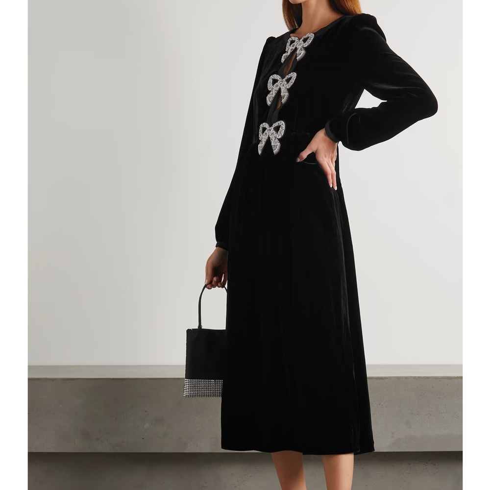 Saloni Camille bow-embellished velvet midi dress